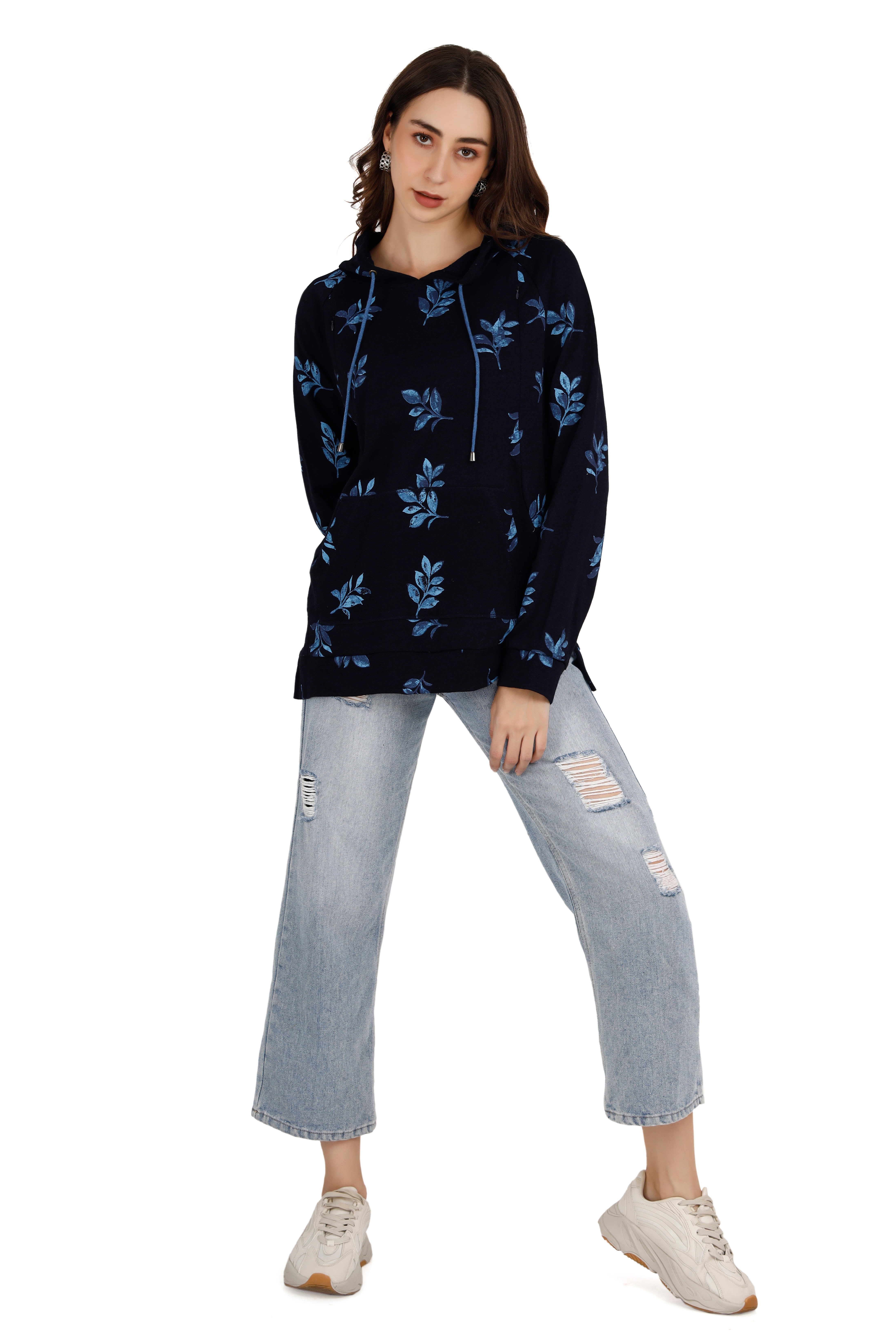 Women's Floral Navy Blue Hoodie thumbnail 3
